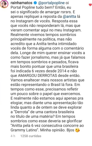 Anitta detona Portal POPline após ataque desonesto: "amarga derrota"