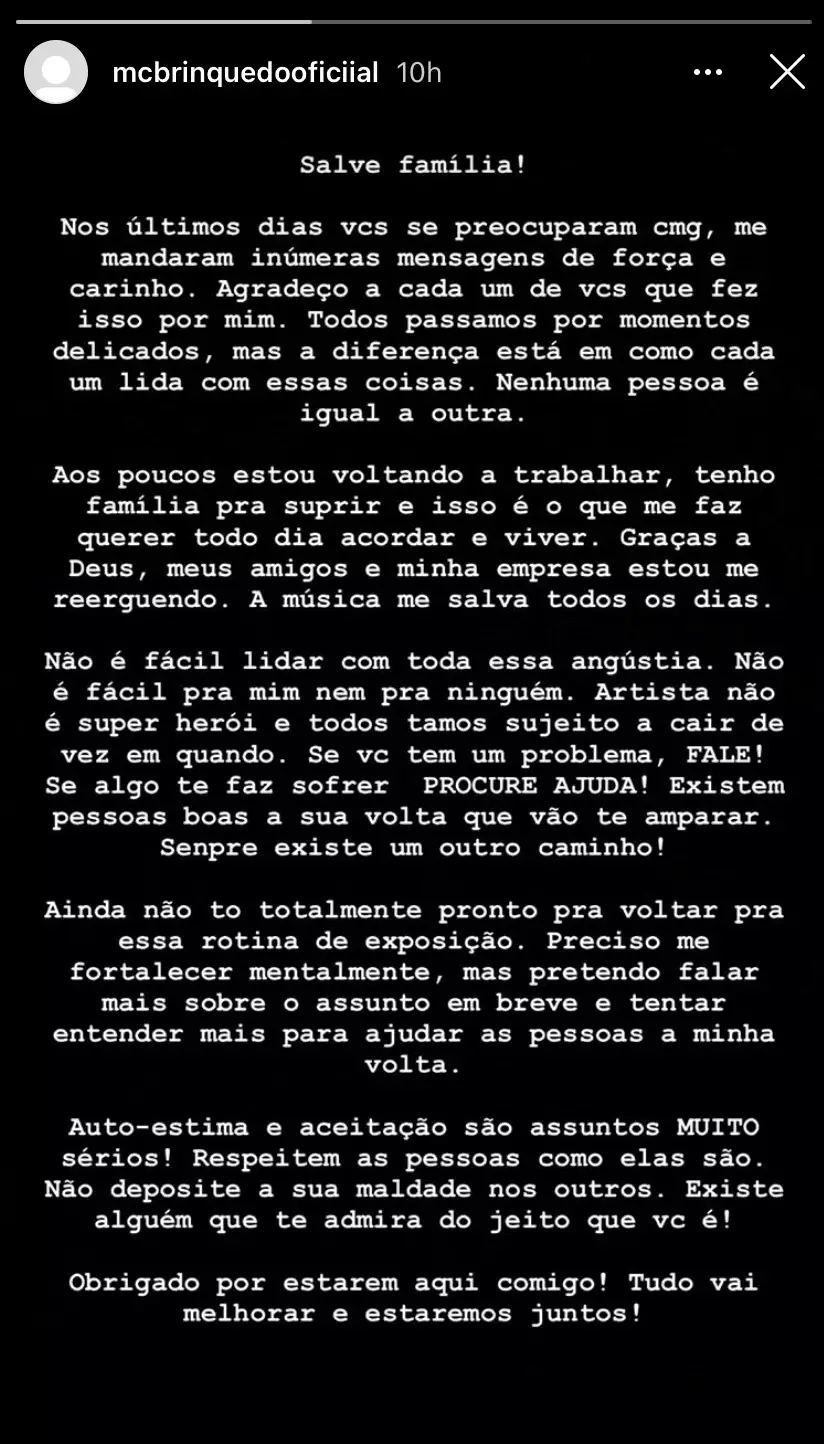 Após post com referência a suicídio, MC Brinquedo se pronuncia no Instagram: “Estou me reerguendo”