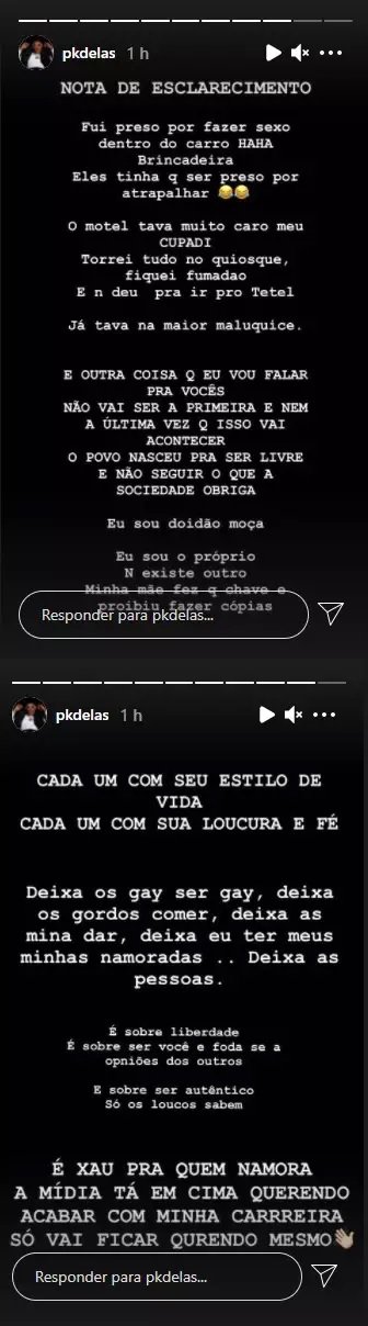 PK Delas se pronuncia após fazer sexo em público: “O motel estava caro”