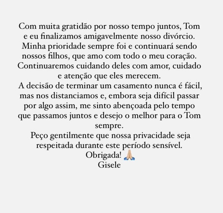 Acabou! Gisele Bündchen e Tom Brady assinam divórcio