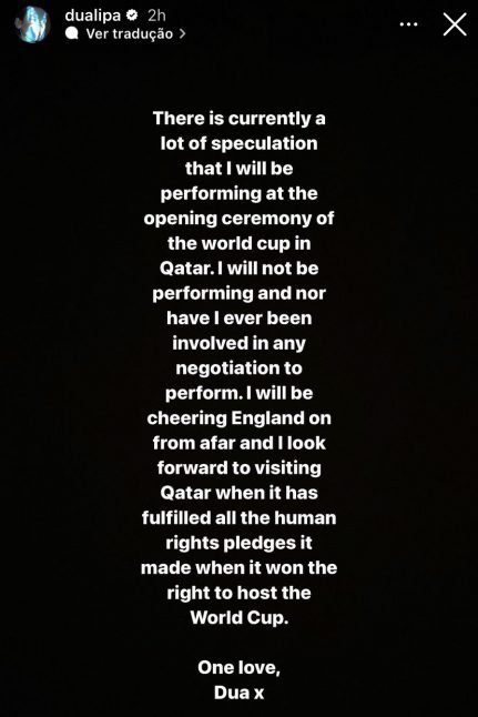 Dua Lipa nega performance em Copa do Mundo no Catar: "Visitarei quando cumprir os direitos humanos" 52 Dua Lipa nega performance em Copa do Mundo no Catar: "Visitarei quando cumprir os direitos humanos"