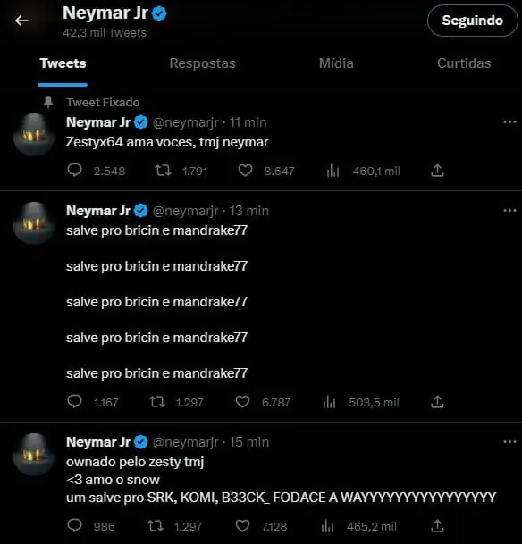 Neymar tem Twitter invadido por hacker, que xinga a 'Choquei'