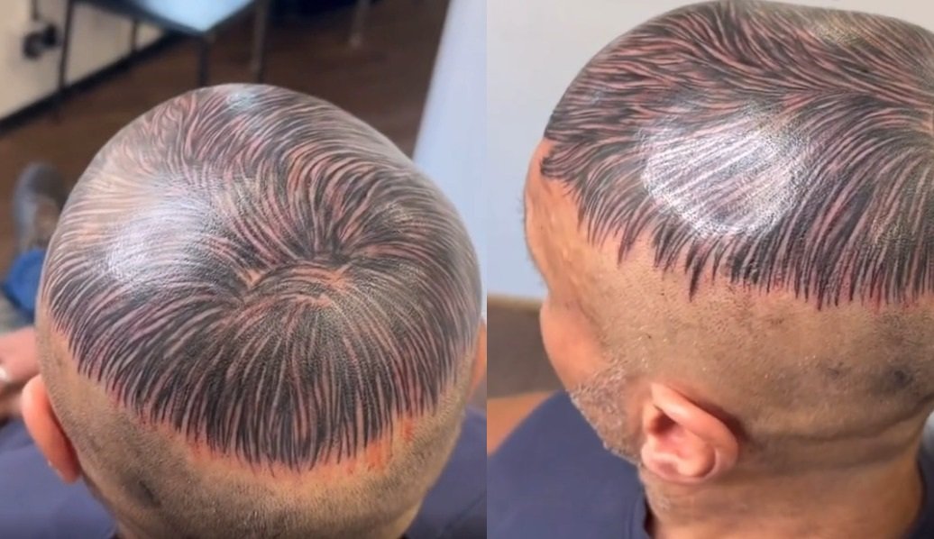 homem calvo tatua cabeça