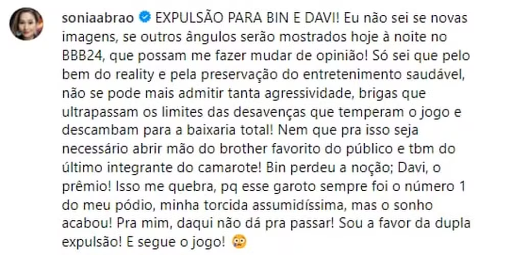 Torcedora declarada de Davi, Sonia Abrão pede expulsões do baiano e MC Bin Laden do BBB24: “baixaria total”