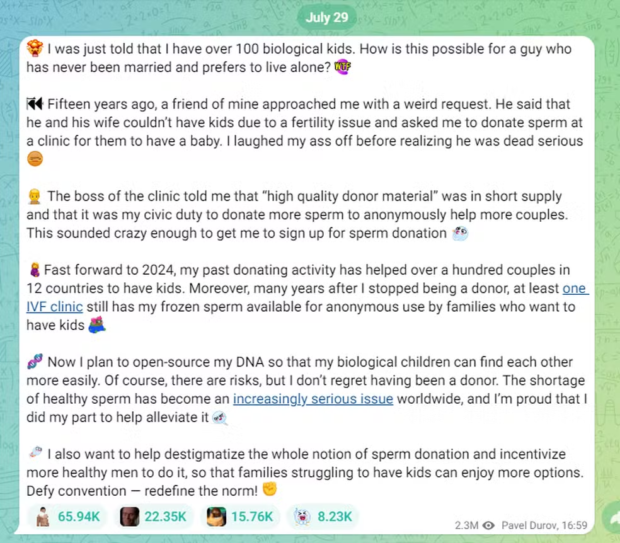 Pavel Durov, fundador do Telegram, afirma ter mais de 100 filhos