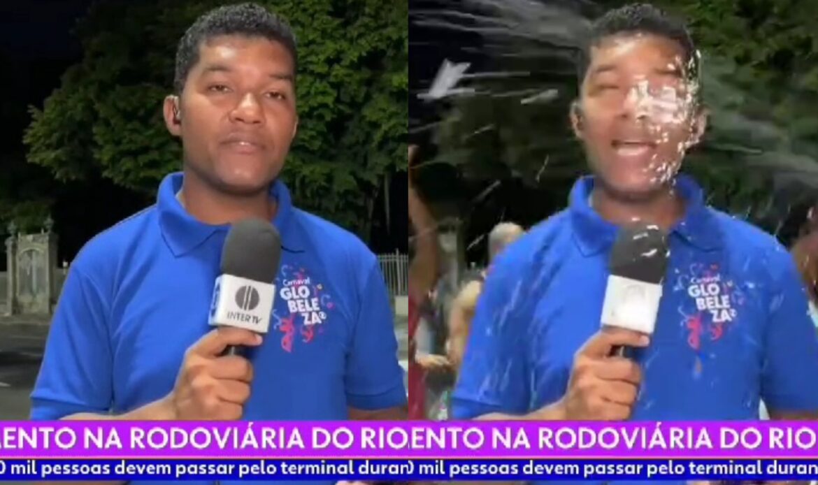 Repórter da Globo leva espuma na cara e tem celular roubado durante transmissão de carnaval