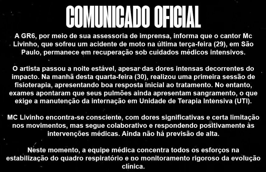 MC Livinho: cantor apresenta sangramento no pulmão e segue na UTI