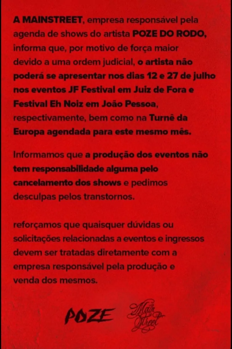 Justiça determina o cancelamento de todos os shows de MC Poze