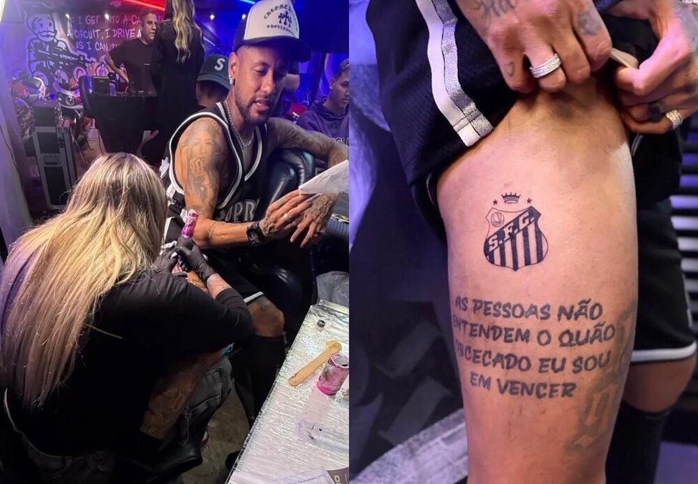 Neymar eterniza vínculo com o Santos ao tatuar escudo do clube na coxa