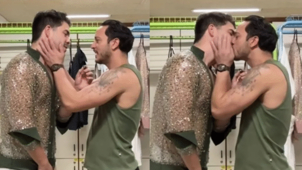 Alvaro e Allan Souza se beijam nos bastidores da Dança dos Famosos.