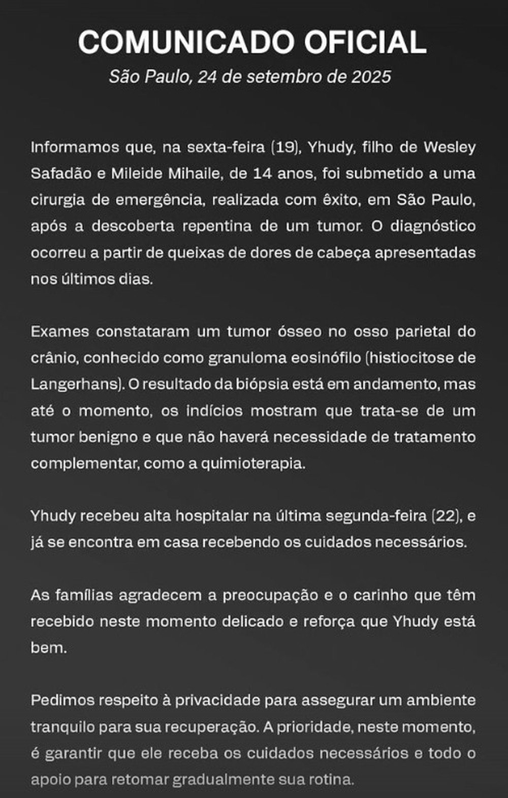 Wesley Safadão atualiza estado de saúde do filho após cirurgia para retirada de tumor