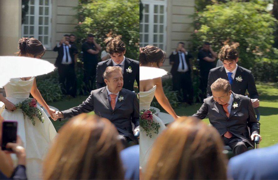 Faustão reaparece em cadeira de rodas ao levar a filha Lara ao altar em cerimônia íntima