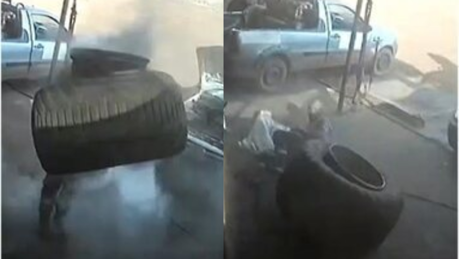 Impressionante: borracheiro é arremessado por pneu que explode; vídeo