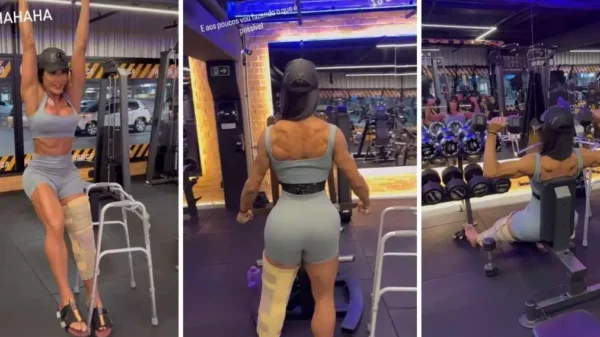 Gracyanne Barbosa volta aos treinos com perna imobilizada: ‘Fazendo o que é possível’