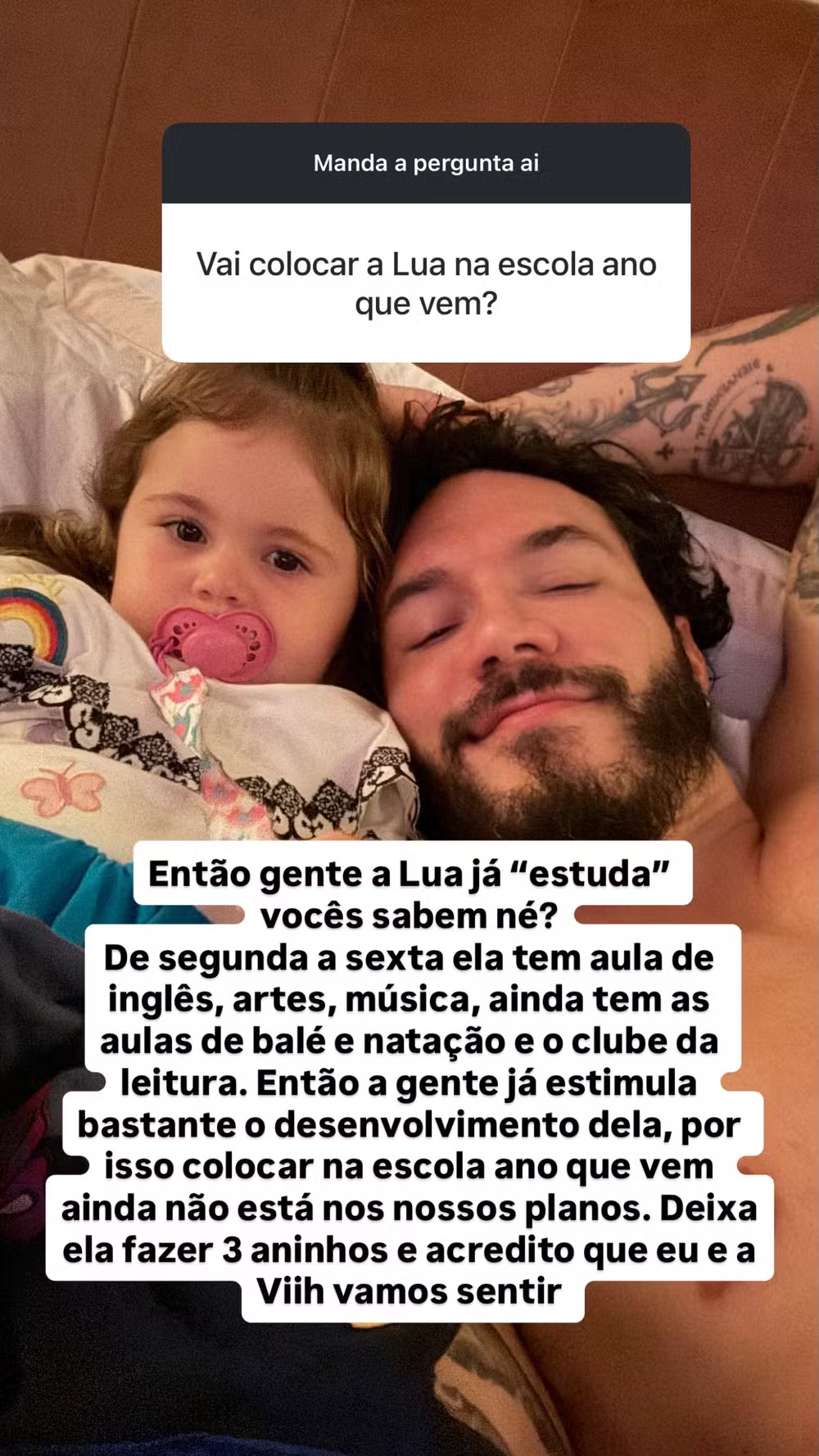 Eliezer explica por que Lua ainda não vai à escola: "Não está nos nossos planos"