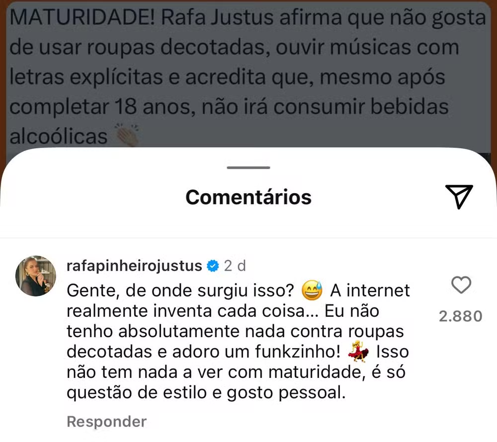Rafa Justus desmente fake news sobre decote, funk e bebidas: “A internet inventa cada coisa”