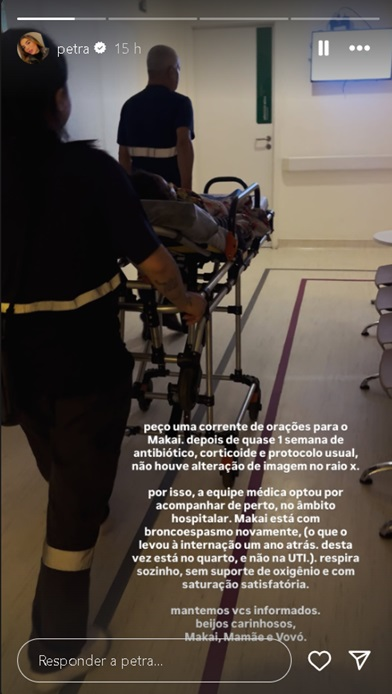 Filho de Petra Mattar é internado novamente por complicações pulmonares