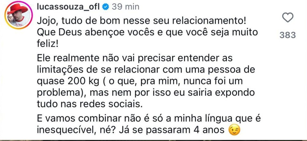 Jojo Todynho comenta vida íntima com novo namorado e provoca reação do ex, Lucas Souza