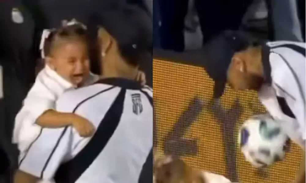 Mavie, filha de Neymar e Bruna Biancardi, é atingida por bola durante jogo do Santos; veja vídeo