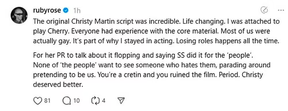 Ruby Rose culpa Sydney Sweeney por fracasso de bilheteria de filme e dispara críticas: “Cretina” 52 Ruby Rose culpa Sydney Sweeney por fracasso de bilheteria de filme e dispara críticas: “Cretina”