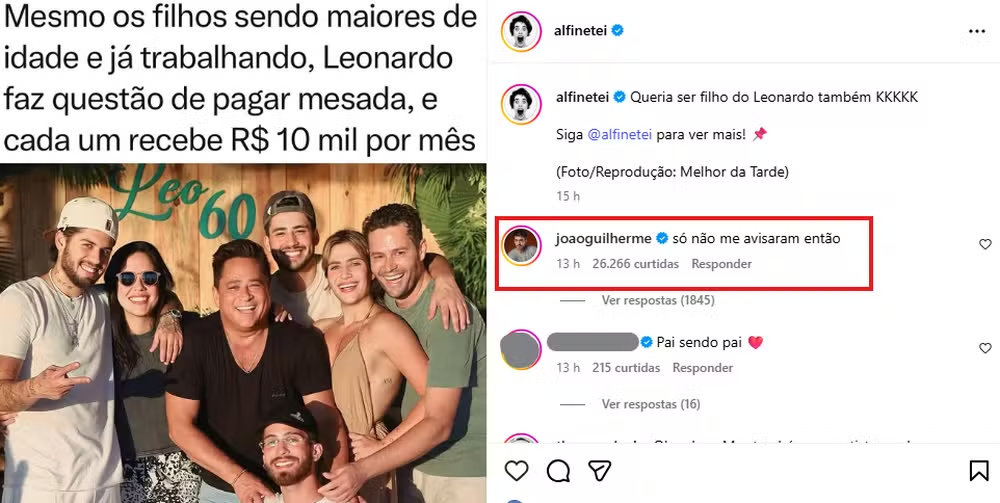 João Guilherme ironiza mesada de R$ 10 mil que Leonardo supostamente dá aos filhos: “Só não me avisaram” 52 João Guilherme ironiza mesada de R$ 10 mil que Leonardo supostamente dá aos filhos: “Só não me avisaram”