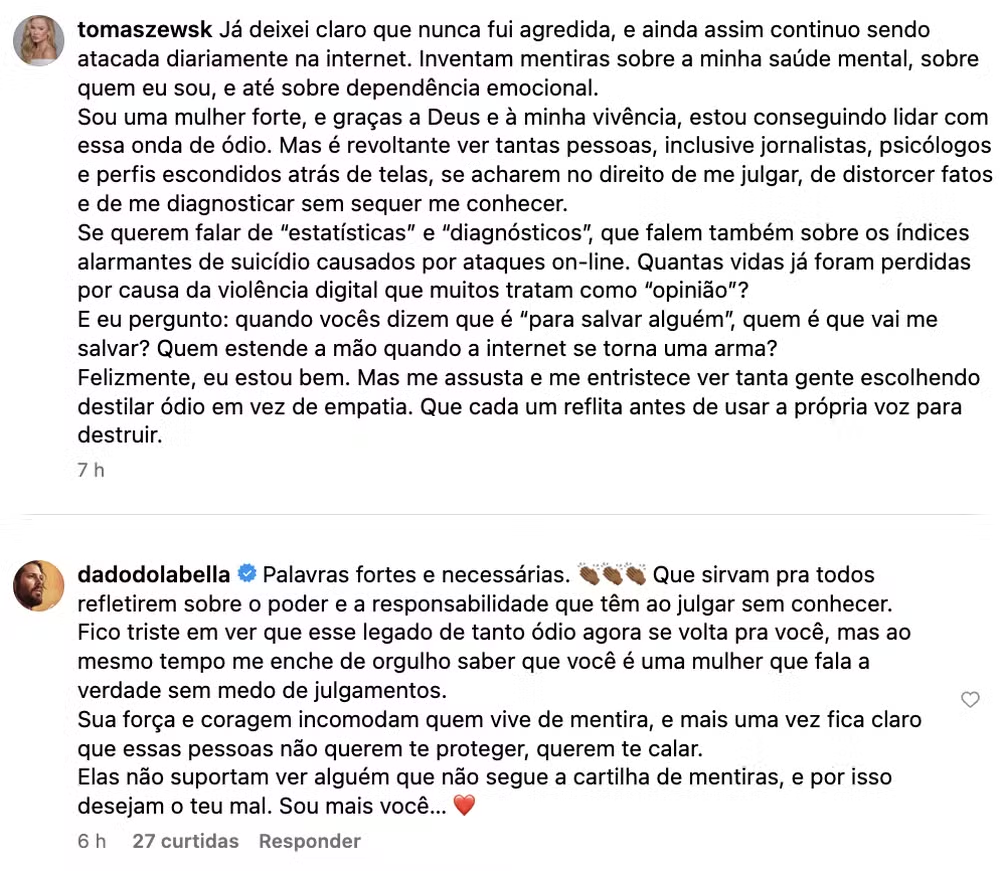Marcela Tomaszewski desabafa sobre críticas e recebe apoio de Dado Dolabella: “Não querem te proteger, querem te calar”
