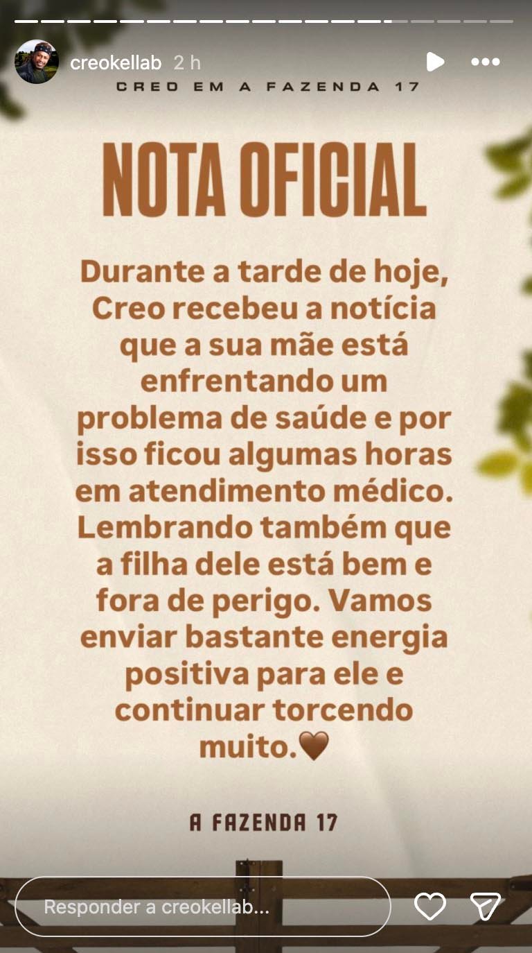 A Fazenda 17: Creo recebe informação externa sobre estado de saúde da mãe e decide permanecer no reality