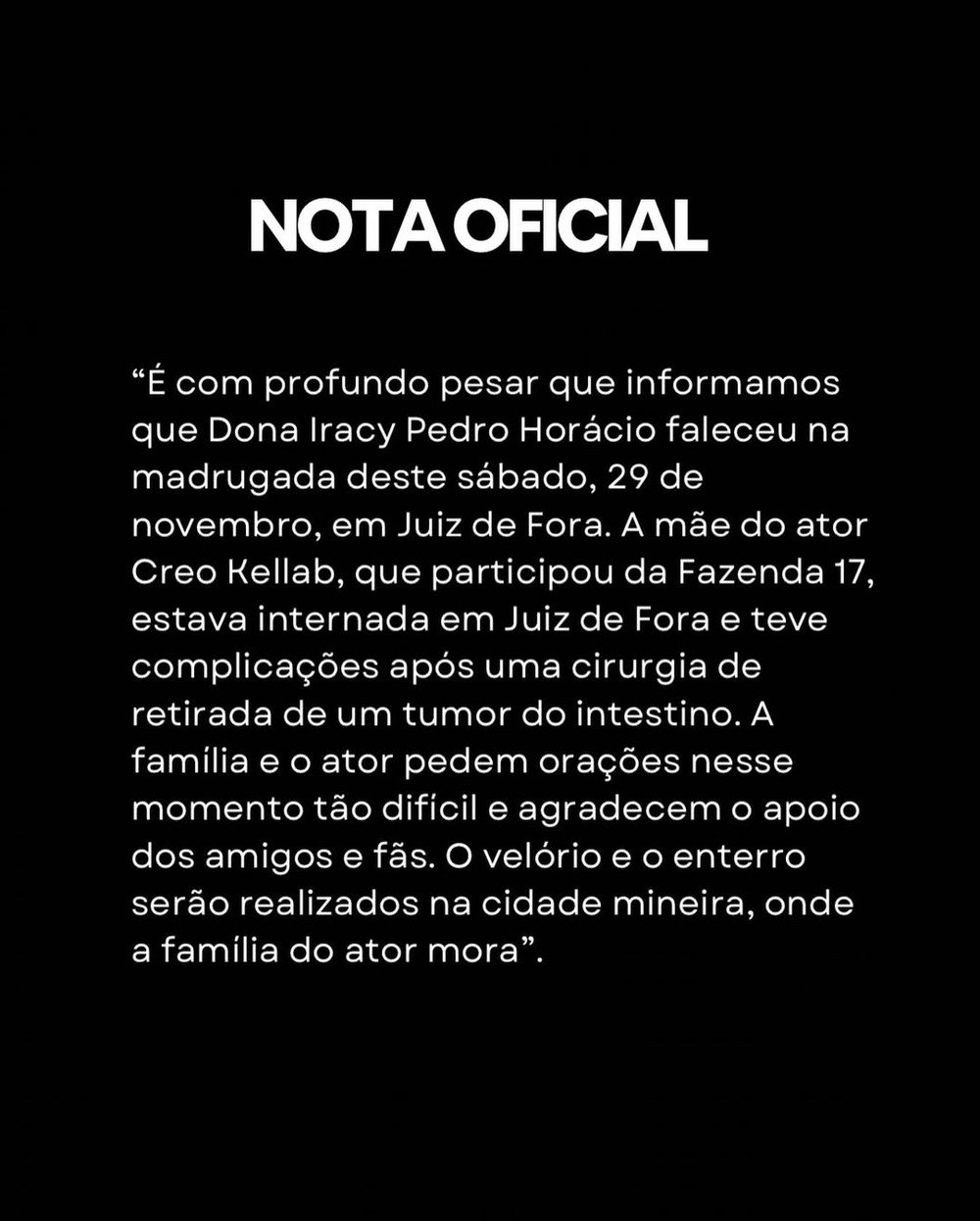 Morre Dona Iracy Pedro Horácio, mãe de Creo Kellab, ex-participante de A Fazenda 17 53 Morre Dona Iracy Pedro Horácio, mãe de Creo Kellab, ex-participante de A Fazenda 17
