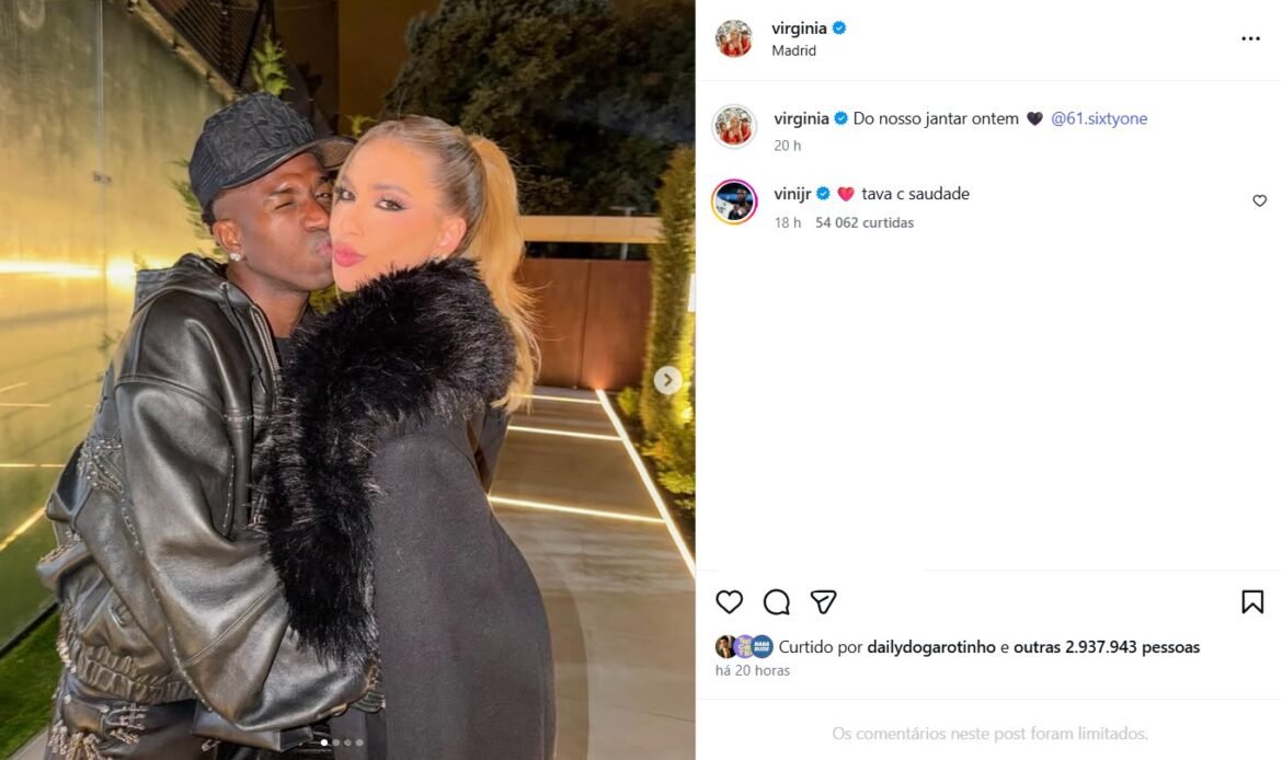 Vini Jr deixa comentário carinhoso em foto romântica com Virginia: “Tava com saudade”