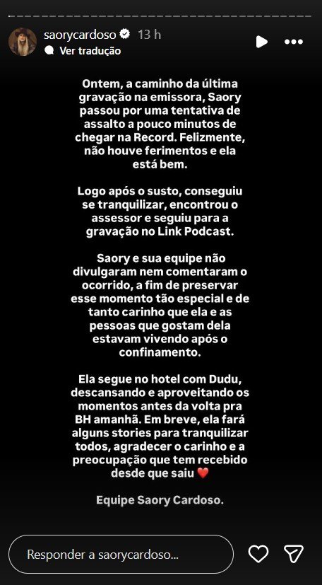 Ex-A Fazenda Saory Cardoso se pronuncia pela primeira vez após tentativa de assalto em São Paulo