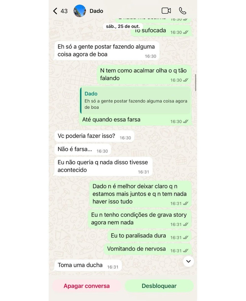Ex de Dado Dolabella, Marcela Tomaszewski divulga prints e relata agressões físicas, emocionais e psicológicas