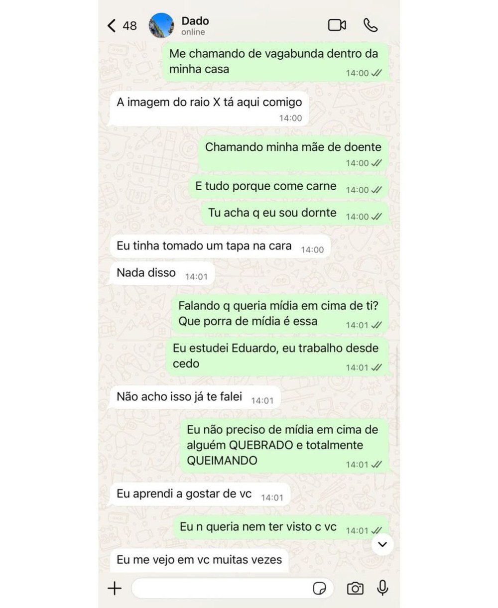 Ex de Dado Dolabella, Marcela Tomaszewski divulga prints e relata agressões físicas, emocionais e psicológicas