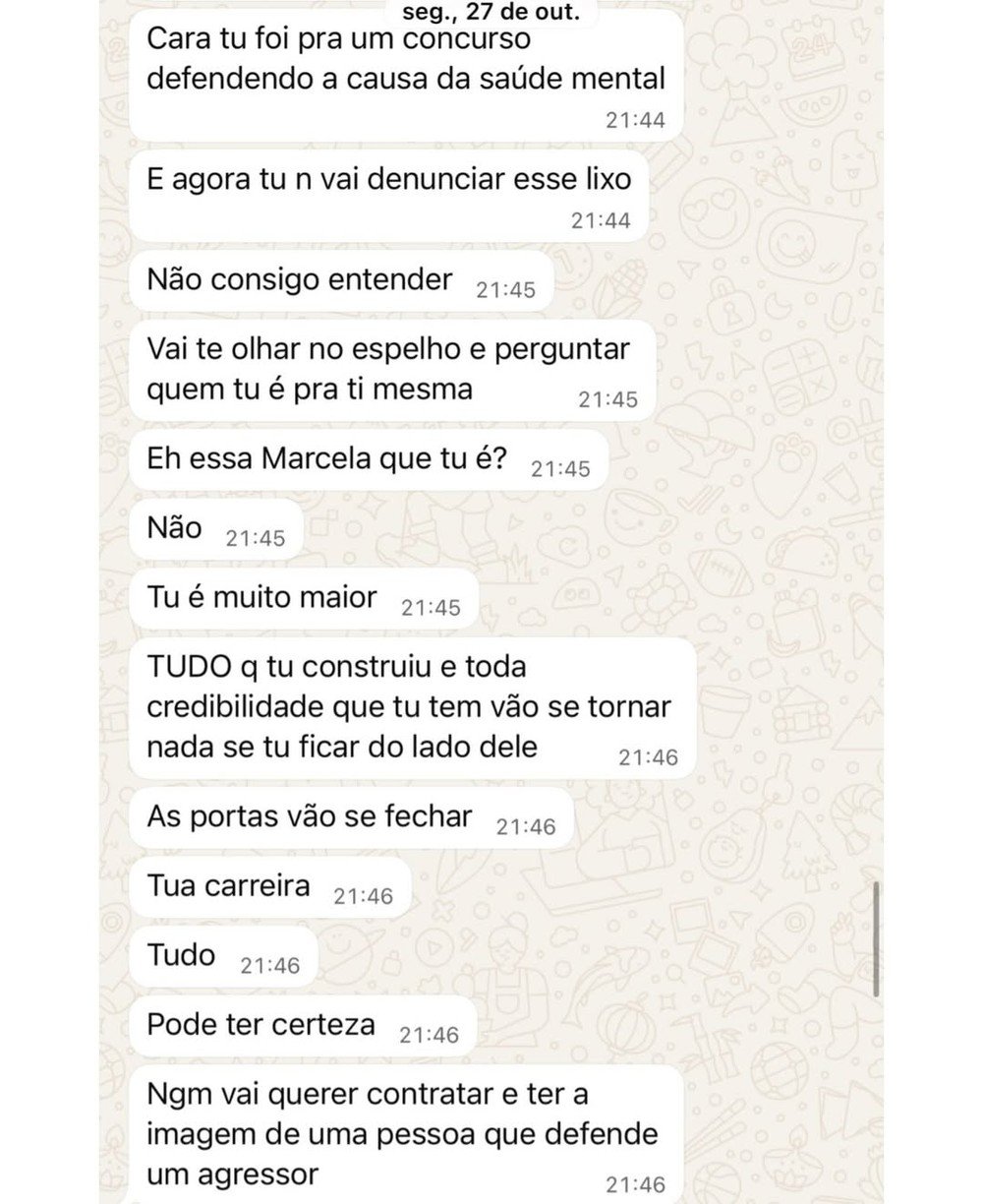 Ex de Dado Dolabella, Marcela Tomaszewski divulga prints e relata agressões físicas, emocionais e psicológicas