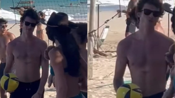 Shawn Mendes manda beijinho para Bruna Marquezine durante jogo de vôlei em Alagoas e vídeo viraliza