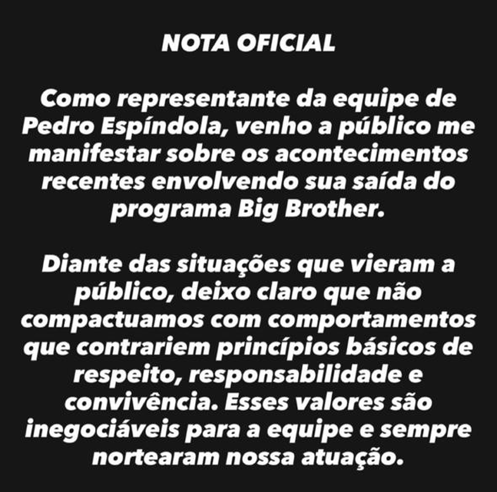 BBB 26: Equipe de Pedro se pronuncia após desistência do participante e acusação de assédio 52 BBB 26: Equipe de Pedro se pronuncia após desistência do participante e acusação de assédio