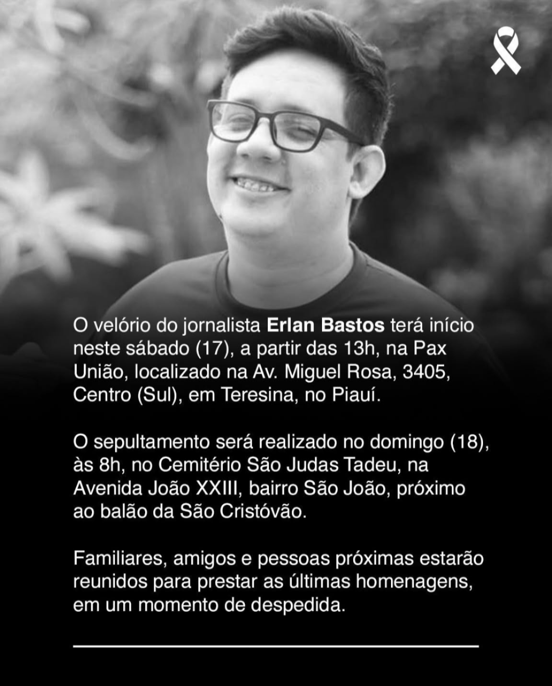 Saiba onde será velado o corpo de Erlan Bastos