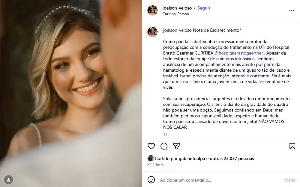 Pai de Isabel Veloso se despede da filha, que morreu aos 19 anos