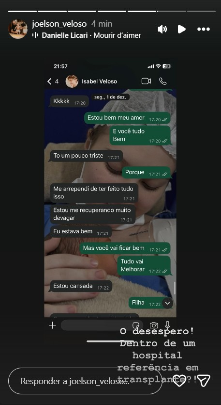 Pai de Isabel Veloso relata arrependimento da filha antes da morte: “Desespero”