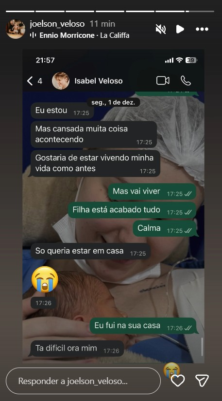 Pai de Isabel Veloso relata arrependimento da filha antes da morte: “Desespero”