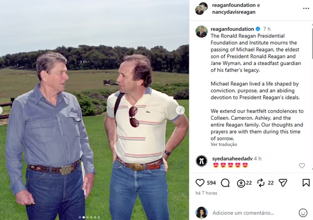 Morre Michael Reagan, filho mais velho do ex-presidente dos Estados Unidos Ronald Reagan
