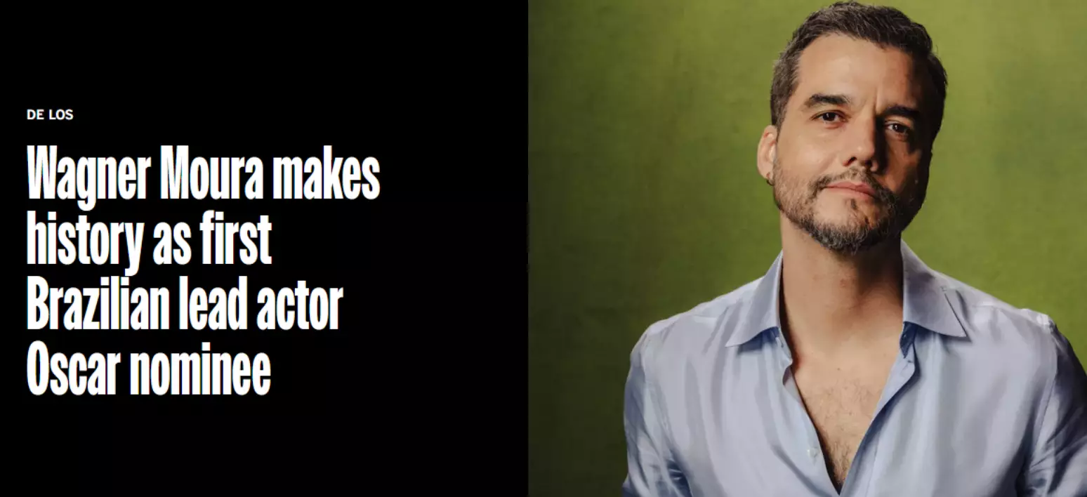 O Los Angeles Times destacou o marco de Wagner Moura ao ser o primeiro ator brasileiro indicado a Melhor Ator - Foto: Reprodução/Los Angeles Times