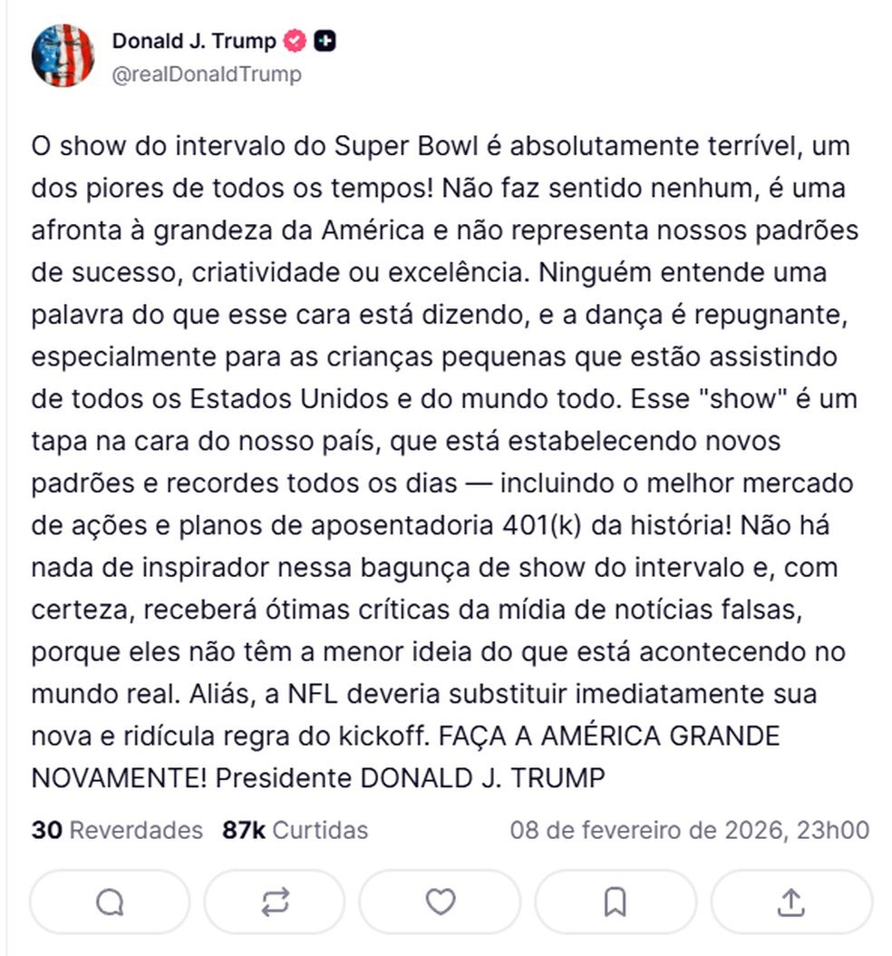 Trump detona show de Bad Bunny no Super Bowl: "Absolutamente terrível"