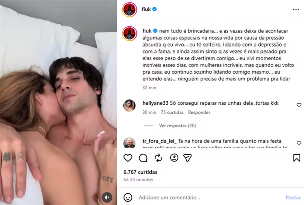 Em clima de romance, Fiuk faz post sobre solidão e os impactos da fama e deleta post