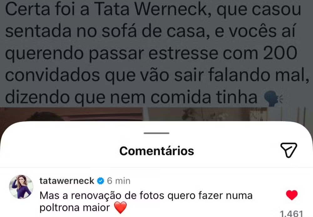 Tata Werneck brinca sobre renovação de votos após viralizar por se casar 'sentada no sofá de casa'