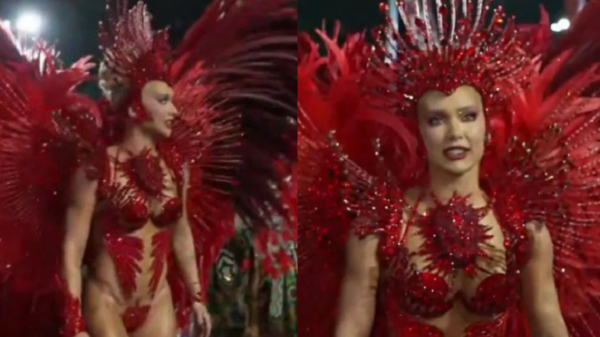Virginia Fonseca deixa a Sapucaí sob vaias e gritos de “Paolla” após estreia como rainha de bateria da Grande Rio no Carnaval 2026. Reação divide opiniões.