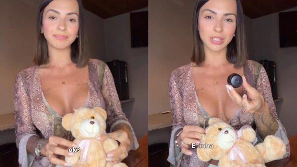 Influenciadora abre presente de seguidor e encontra câmera escondida dentro de ursinho