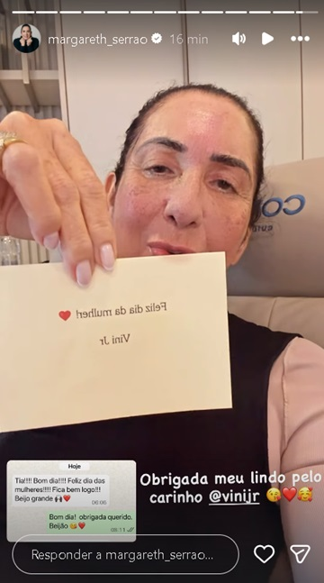 Mãe de Virginia mostra mensagem e surpresa de Vini Jr. após imprevisto na entrega de flores