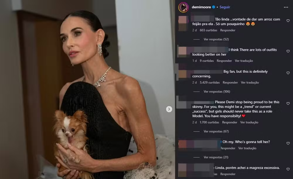 Magreza de Demi Moore chama atenção nas redes sociais e gera preocupação entre fãs