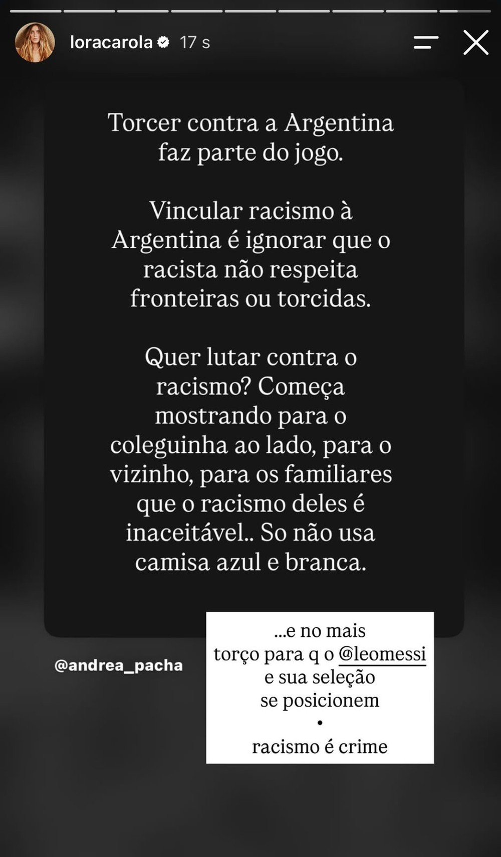 Após polêmica por torcida à Argentina, Carolina Dieckmann faz post sobre racismo 47 whatsapp image 2026 07 16 at 12.21.35
