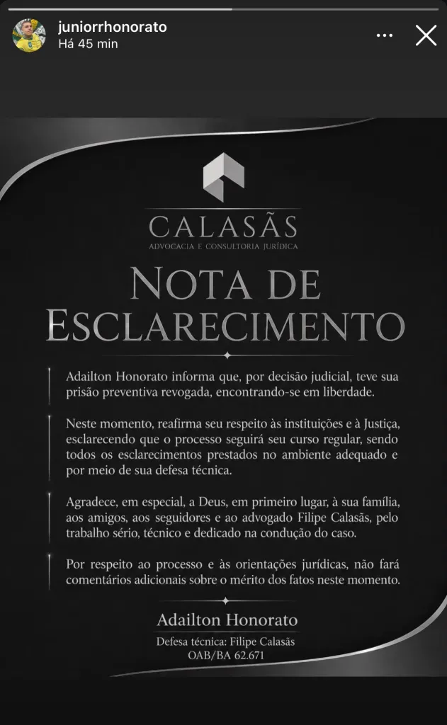 Justiça revoga prisão preventiva de Junior Honorato 45 image